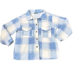 Nasty Gal Plaid Shacket Jacket Womens Size M Blue Ivory Poly Fleece Gorpcore